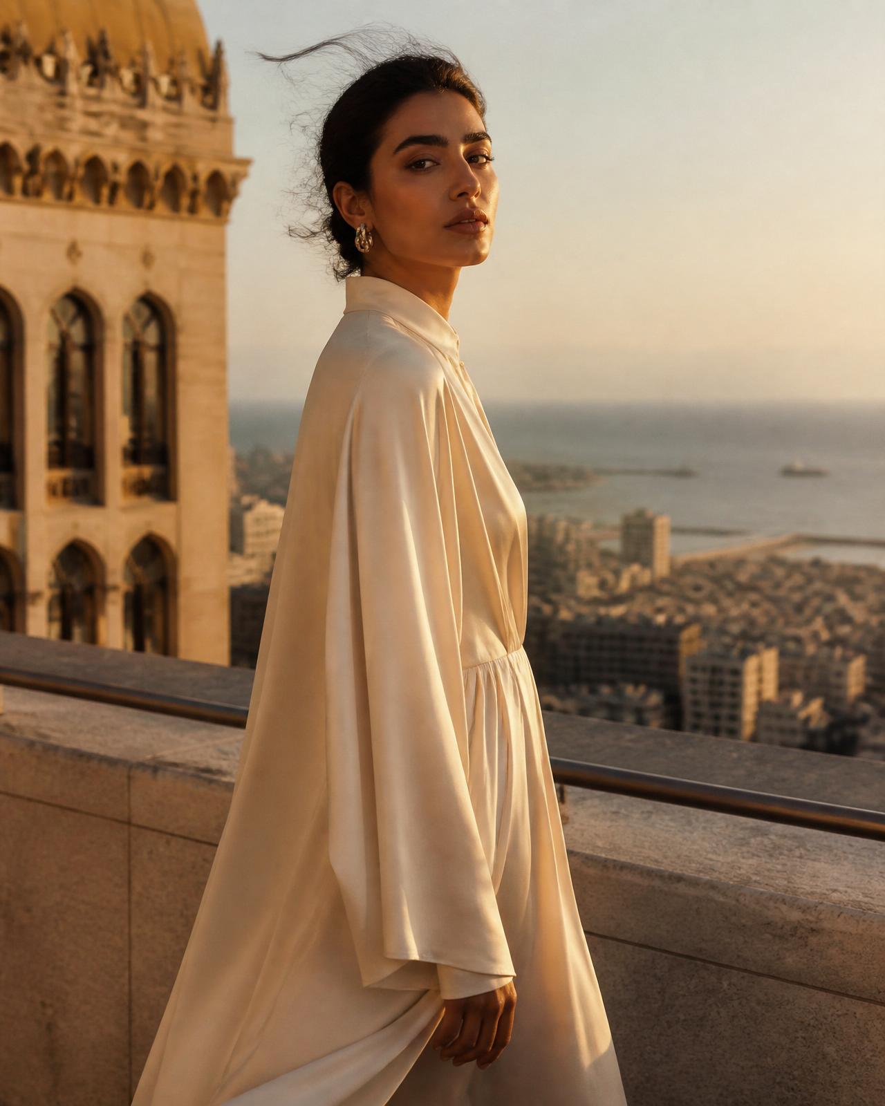 Elegance for every season — a woman in flowing ivory silk at golden hour
