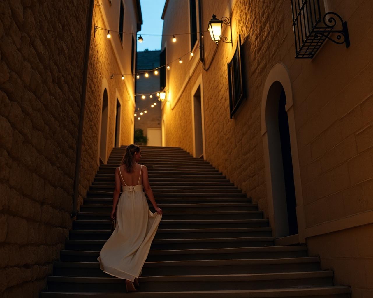 Evening walk — a woman in a flowing dress on lit stone stairs